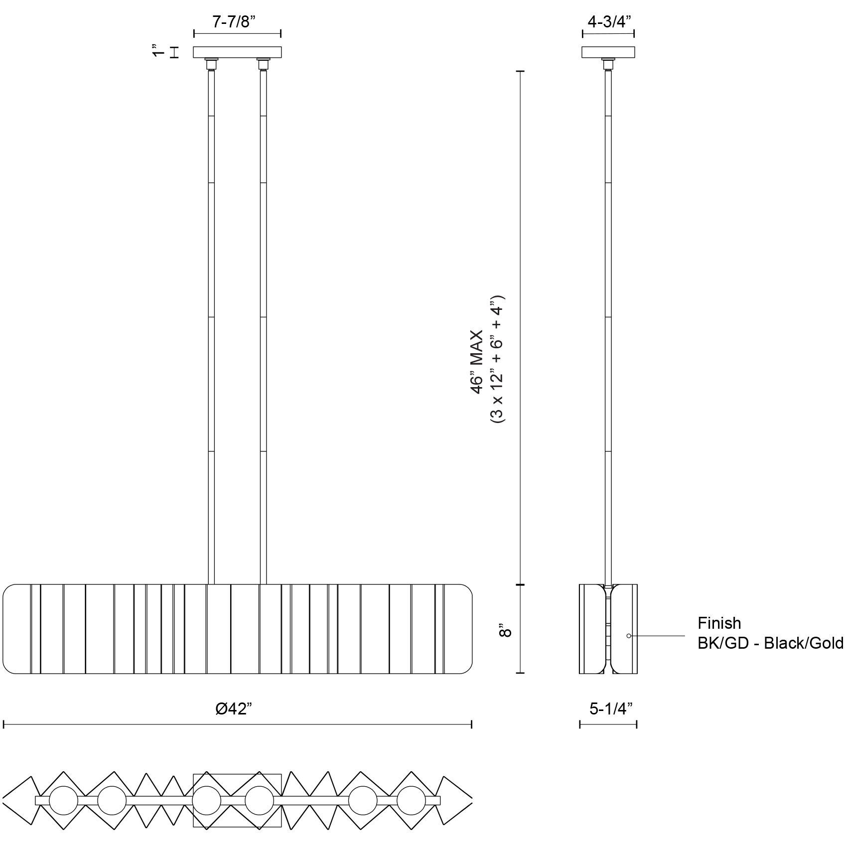 Akira 6 Light 42 inch Black/Gold Linear Pendant Ceiling Light