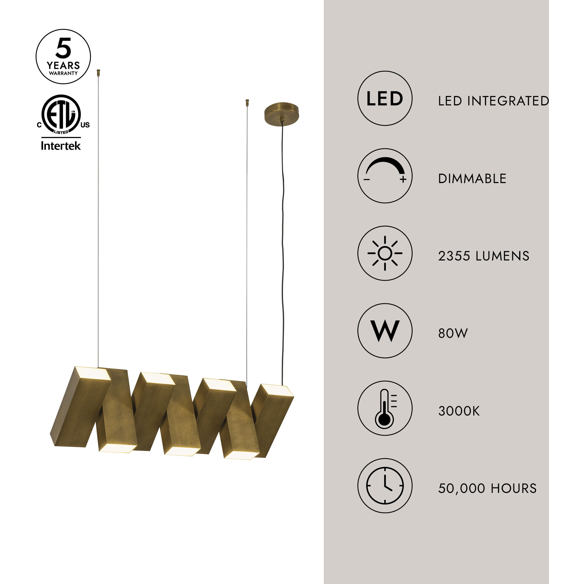 Domino LED 35.5 inch Vintage Brass Linear Pendant Ceiling Light