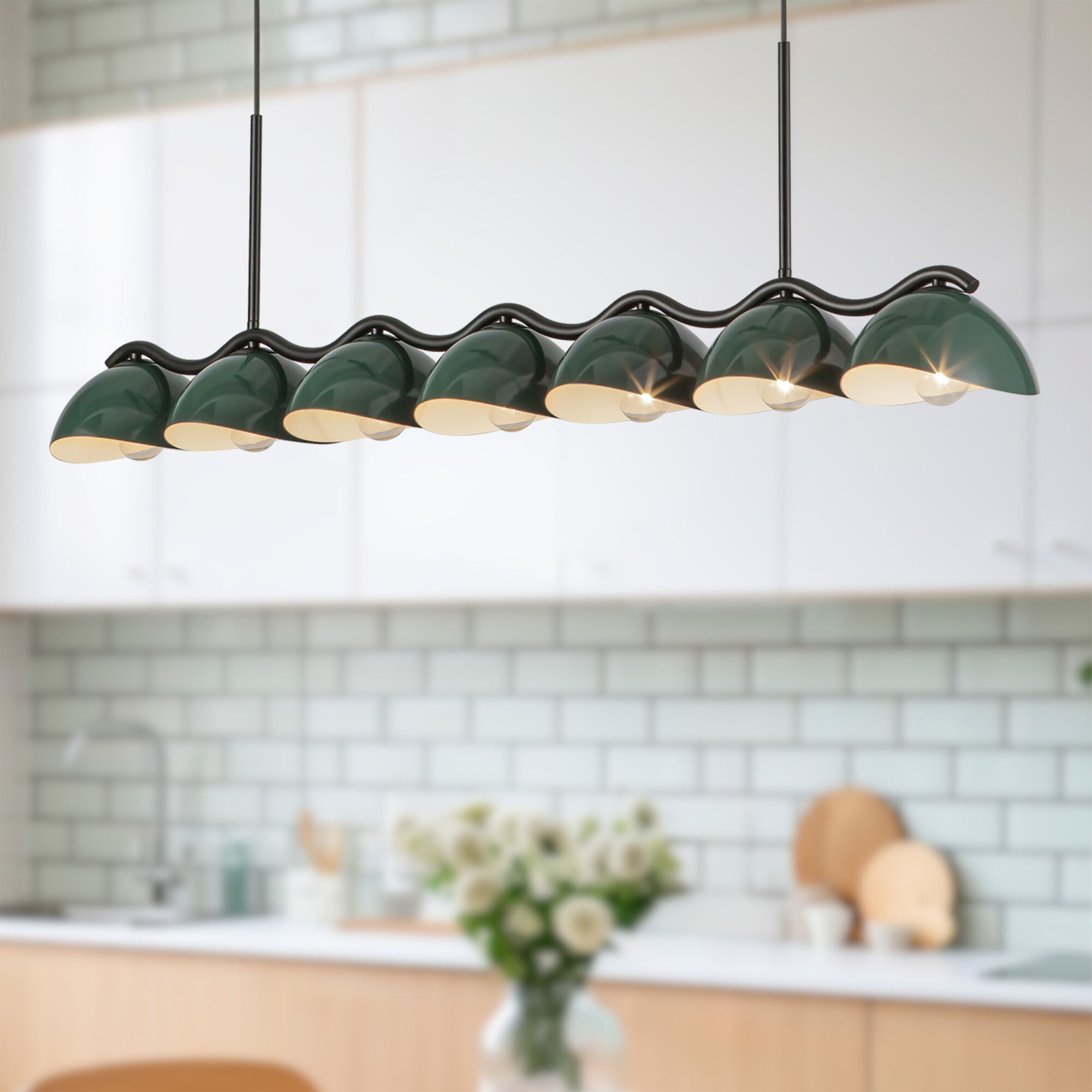 Atlas 7 Light 42.38 inch Black/Pine Green Linear Pendant Ceiling Light in Black and Pine Green
