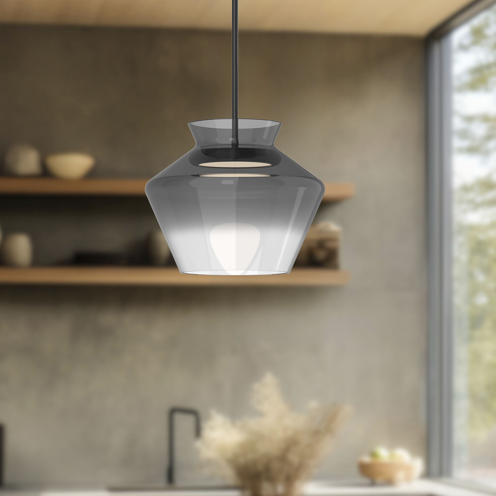 Trinity LED 13.13 inch Black/Smoked Pendant Ceiling Light in Smoked Glass