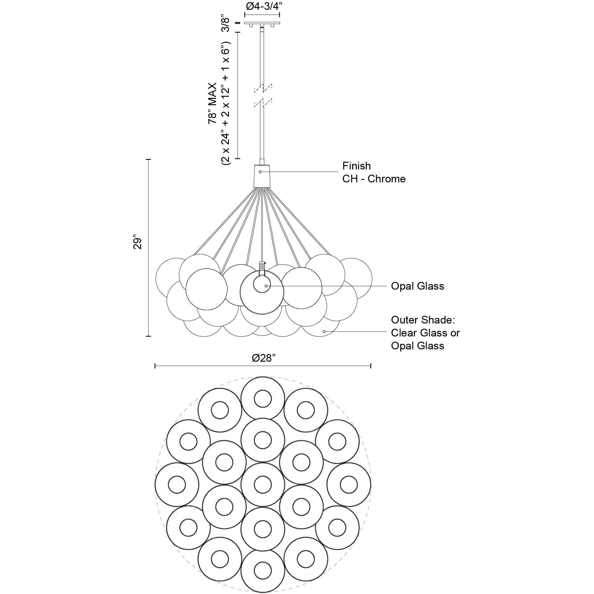 Bolla LED 28 inch Chrome Chandelier Ceiling Light in Clear Glass Shade