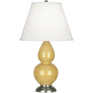 Small Double Gourd 22.75 inch 150.00 watt Sunset Yellow Glazed Ceramic with Antique Silver Accent Lamp Portable Light in Pearl Dupioni