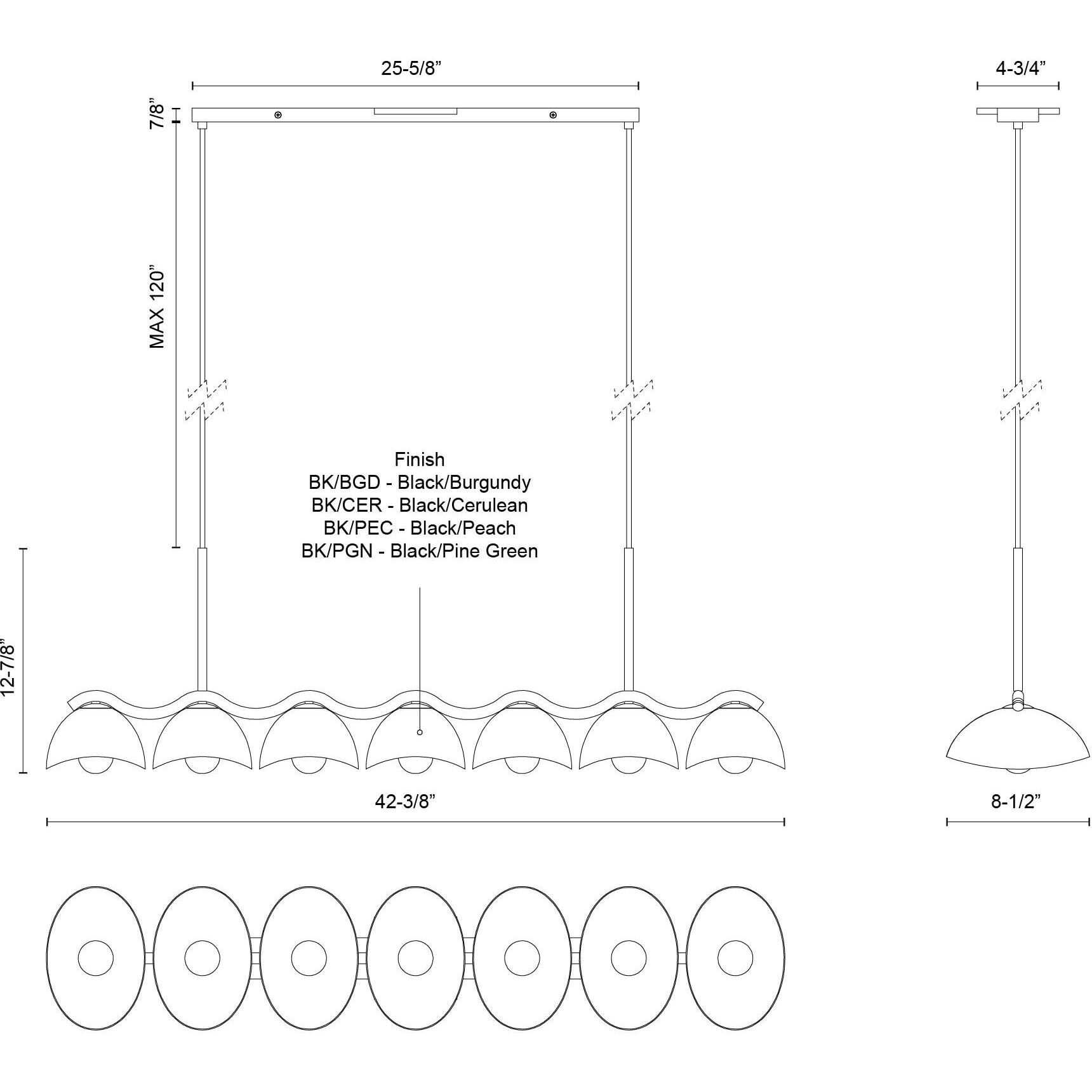 Atlas 7 Light 42.38 inch Black/Cerulean Linear Pendant Ceiling Light in Black and Cerulean