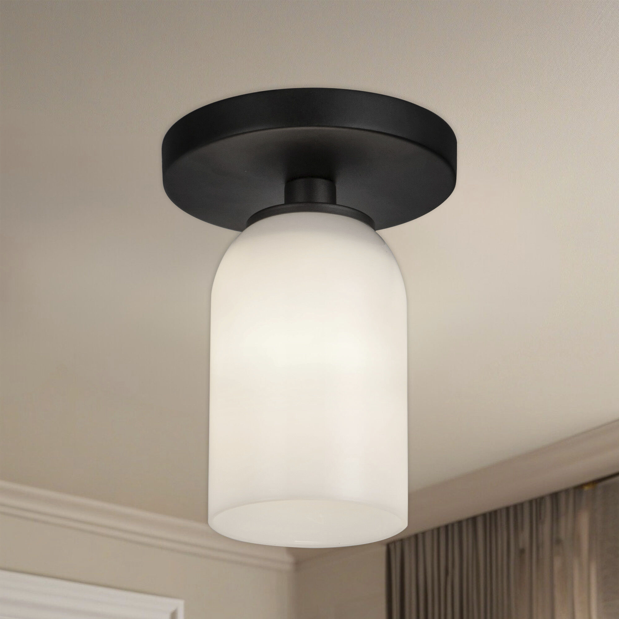 Nola 1 Light 3.63 inch Black/Glossy Opal Glass Semi-Flush Mount Ceiling Light in Glossy Opal Glass Shade