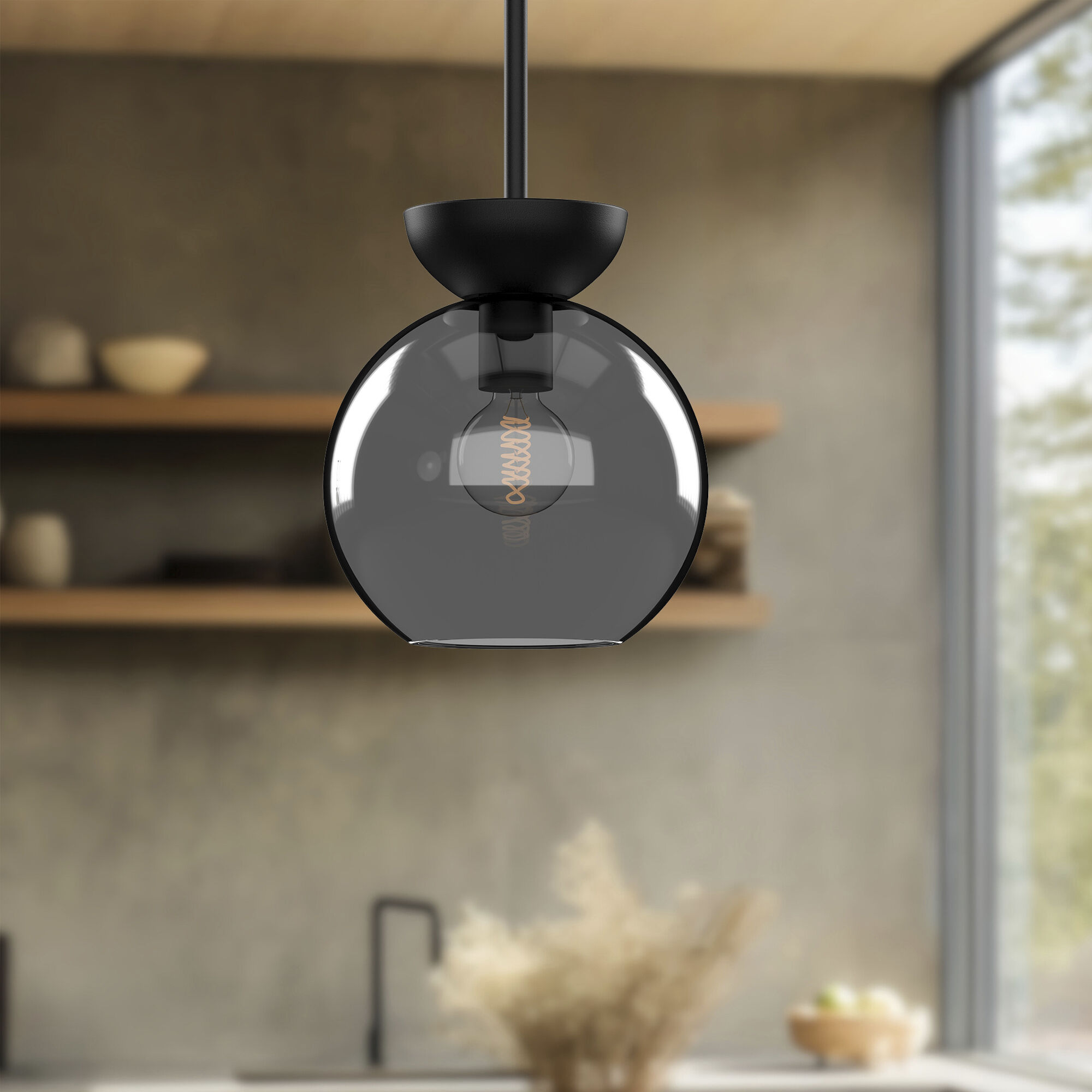 Arcadia 1 Light 7.88 inch Black/Smoked Pendant Ceiling Light in Smoked Glass