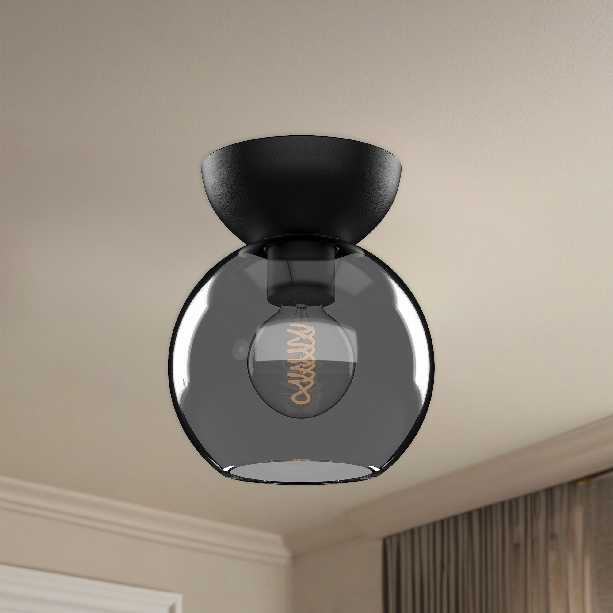 Arcadia 1 Light 6 inch Black/Smoked Semi-Flush Mount Ceiling Light in Smoked Glass