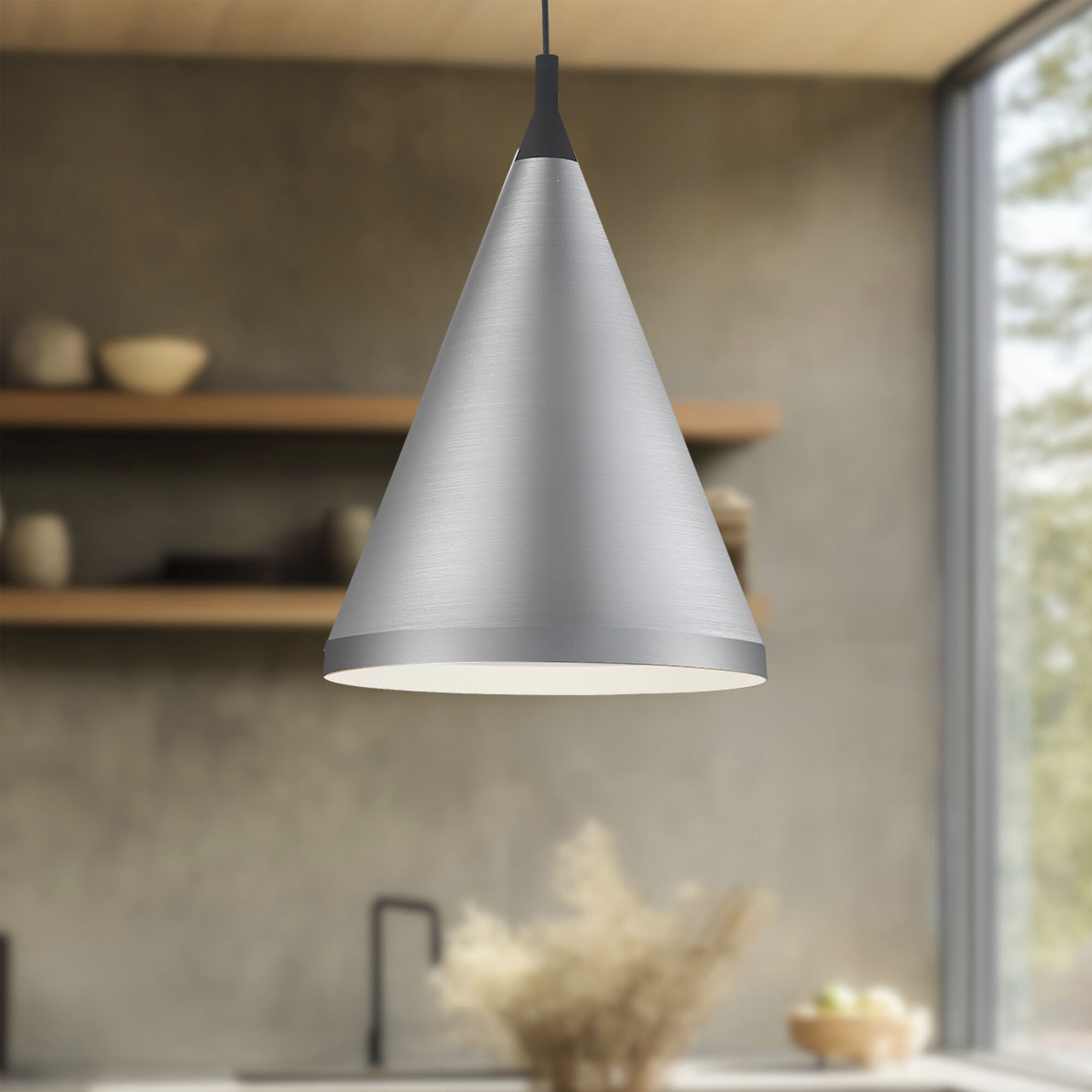 Dorothy Pendant Ceiling Light in Brushed Nickel with Black Detail