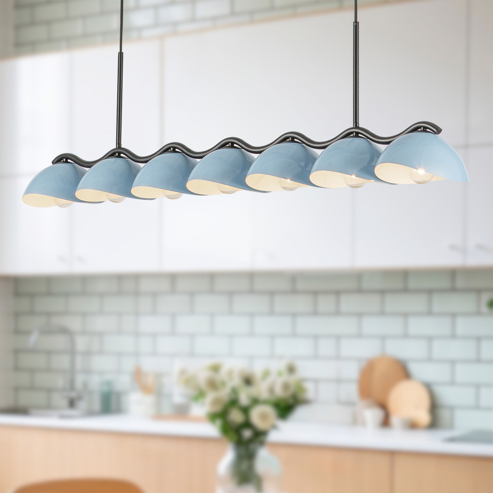 Atlas 7 Light 42.38 inch Black/Cerulean Linear Pendant Ceiling Light in Black and Cerulean
